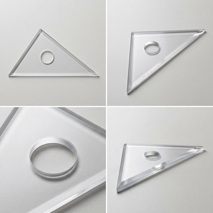 A product list image matrix of the clear acryl set square tool from multiple angles and details.