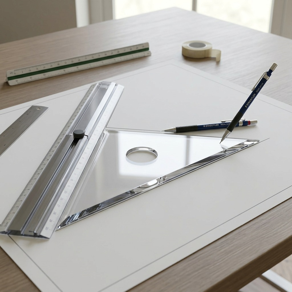 A lifestyle image showing the clear acrylic set square on a desk, being held to guide a mechanical pencil.