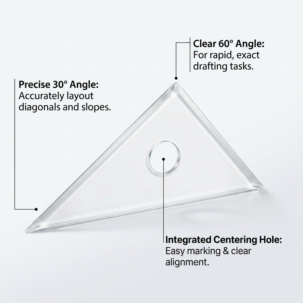 Feature graphic highlighting the clear 8-inch 30/60 STAEDTLER set square angles and integrated centering hole.
