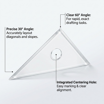 Feature graphic highlighting the clear 8-inch 30/60 STAEDTLER set square angles and integrated centering hole.