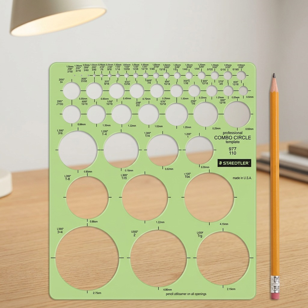 A scale reference image for a circle drafting template, showing its relative size next to a pencil on a desk.