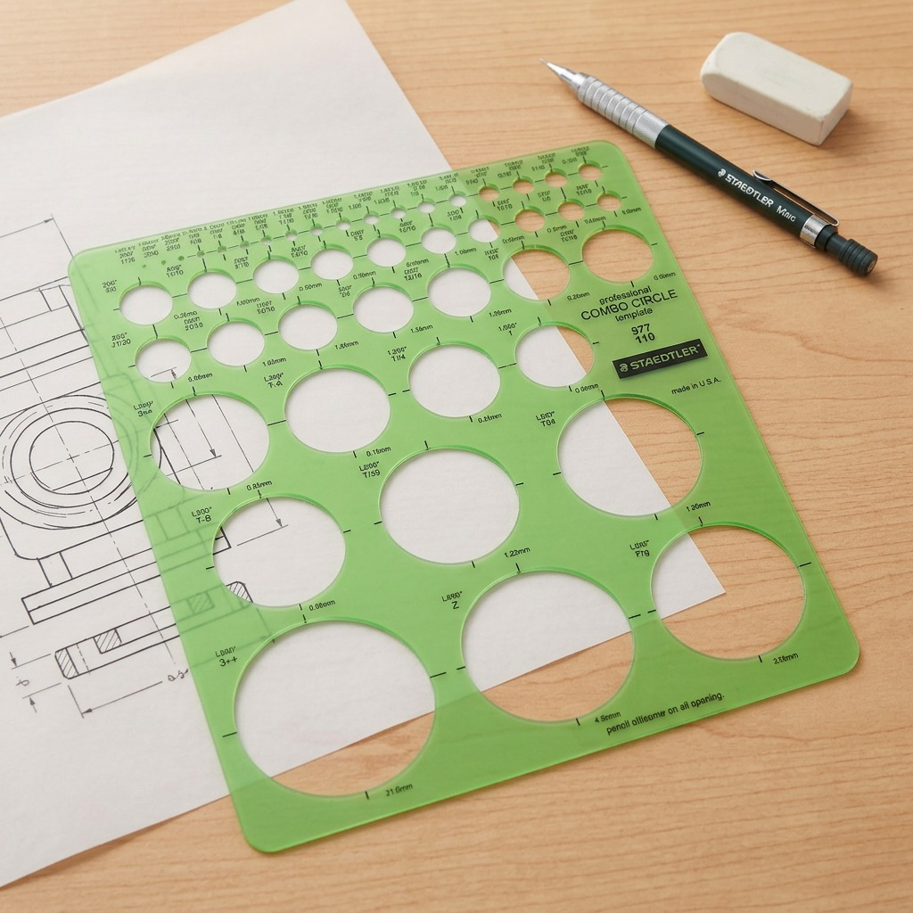 The green Staedtler 977 110 circle template is placed on a drawing desk with a pencil and vellum, under natural light.