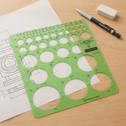 The green Staedtler 977 110 circle template is placed on a drawing desk with a pencil and vellum, under natural light.