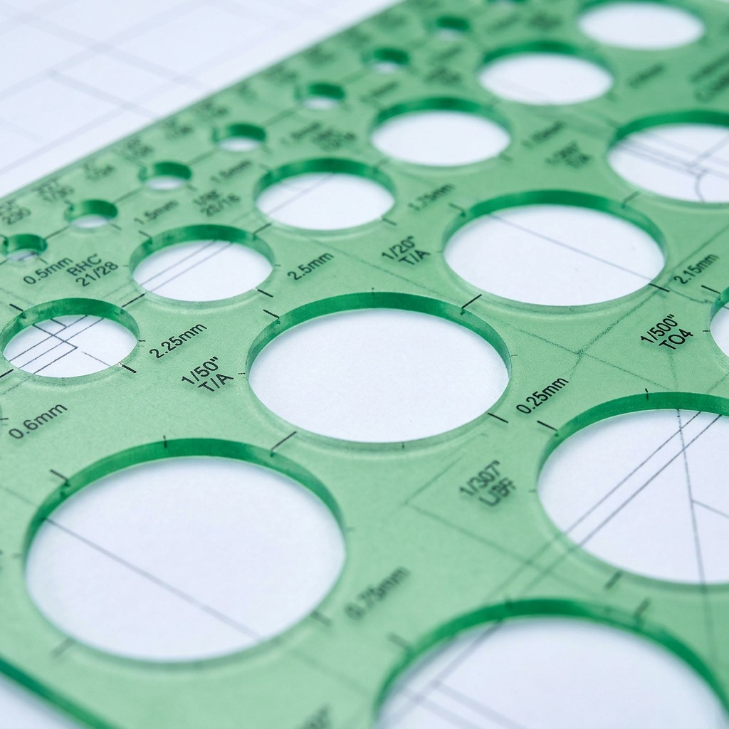 A close-up photograph of the green circle template showing precise millimeter and inch markings and smooth, defined hole edges.