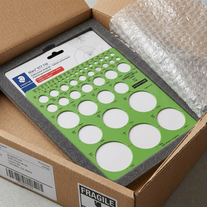 A photorealistic unboxing showing the STAEDTLER Mars template (image_0.png) in protective bubble wrap and a secure shipping carton.