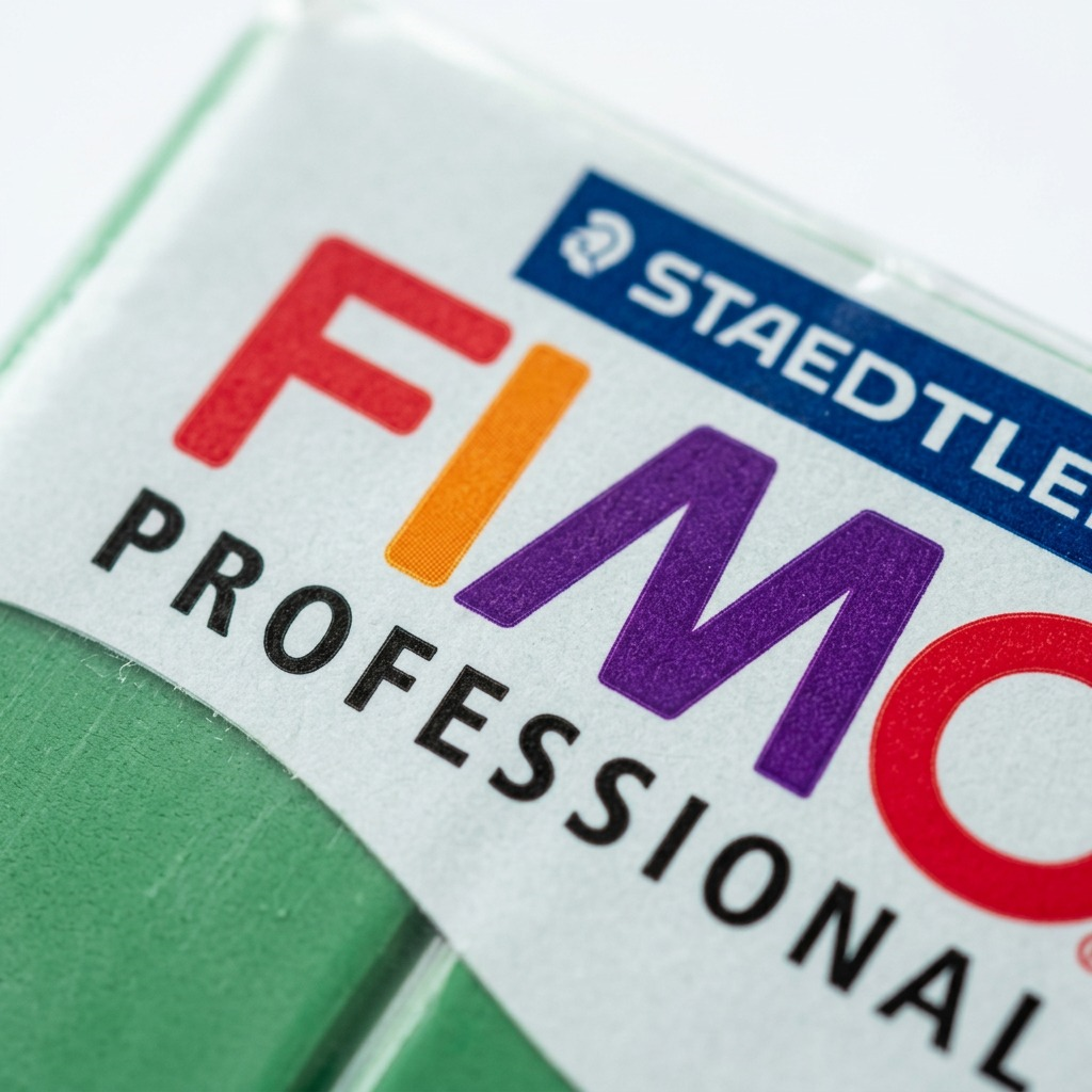 An extreme close-up photograph showcasing the matte texture and sharp, multi-color printed label details of the STAEDTLER FIMO Professional True Green clay block.