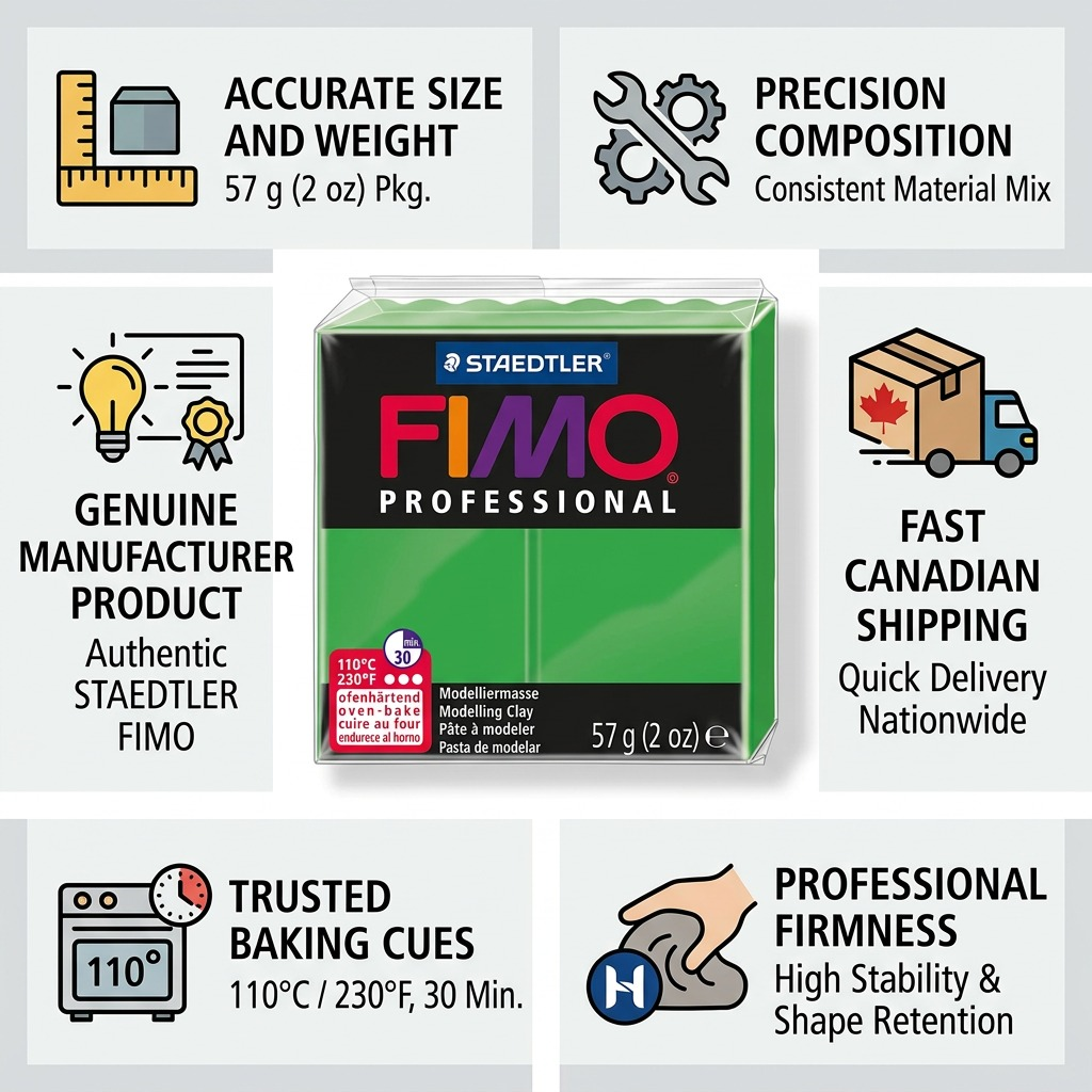 An infographic for STAEDTLER FIMO Professional True Green 57g (2 oz) showcasing its features with icons. Shows physical characteristics, materials, manufacturer details, and fast Canadian delivery information.
