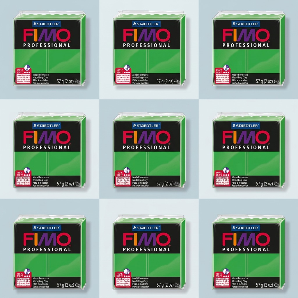 A PDP visual matrix displaying nine identical packs of green STAEDTLER FIMO Professional 57g modeling clay, showcasing its multi-language labeling and consistent color across a premium grid layout.