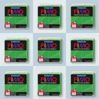 A PDP visual matrix displaying nine identical packs of green STAEDTLER FIMO Professional 57g modeling clay, showcasing its multi-language labeling and consistent color across a premium grid layout.