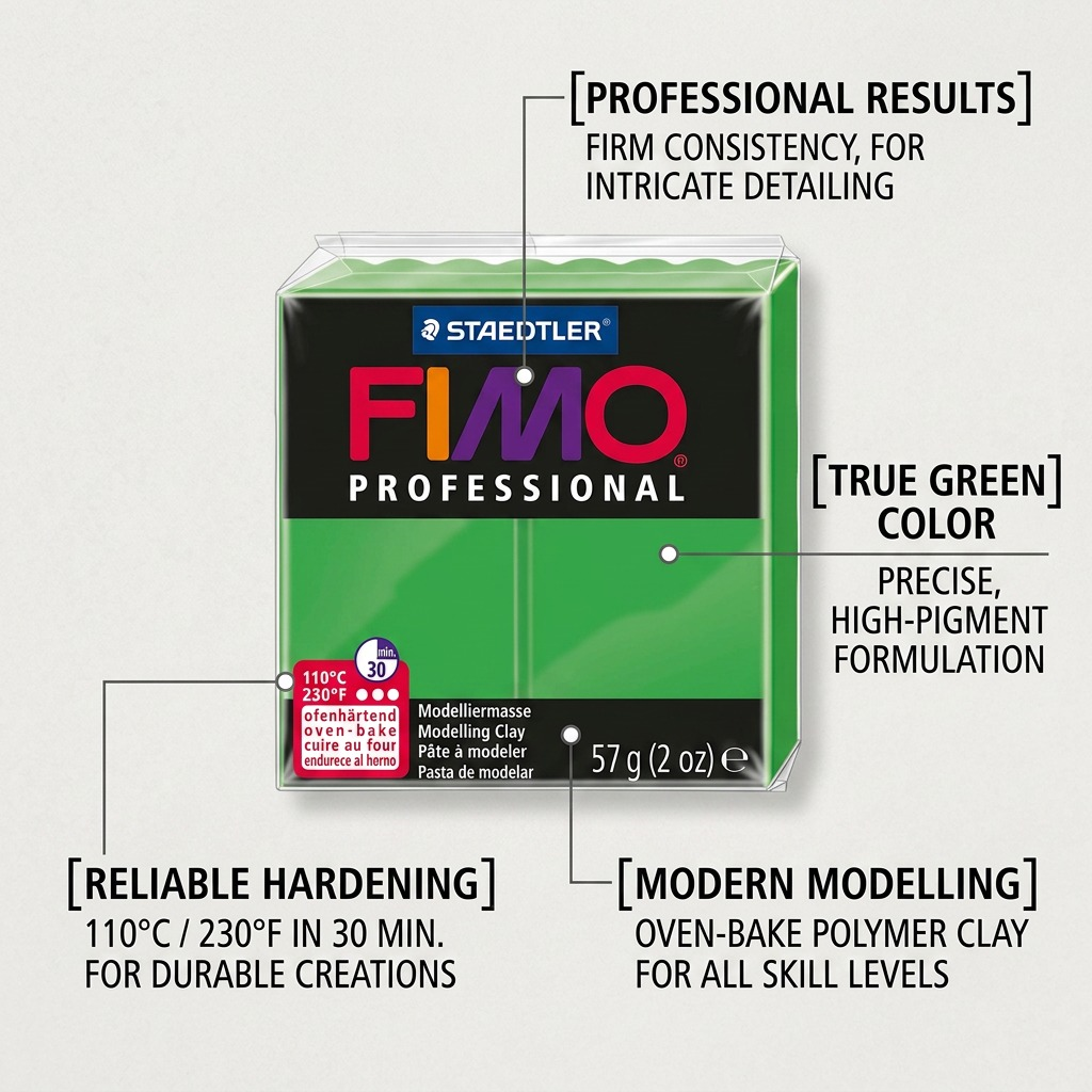 Infographic highlighting professional results, true color, reliable hardening, and modern modelling features of Fimo clay.