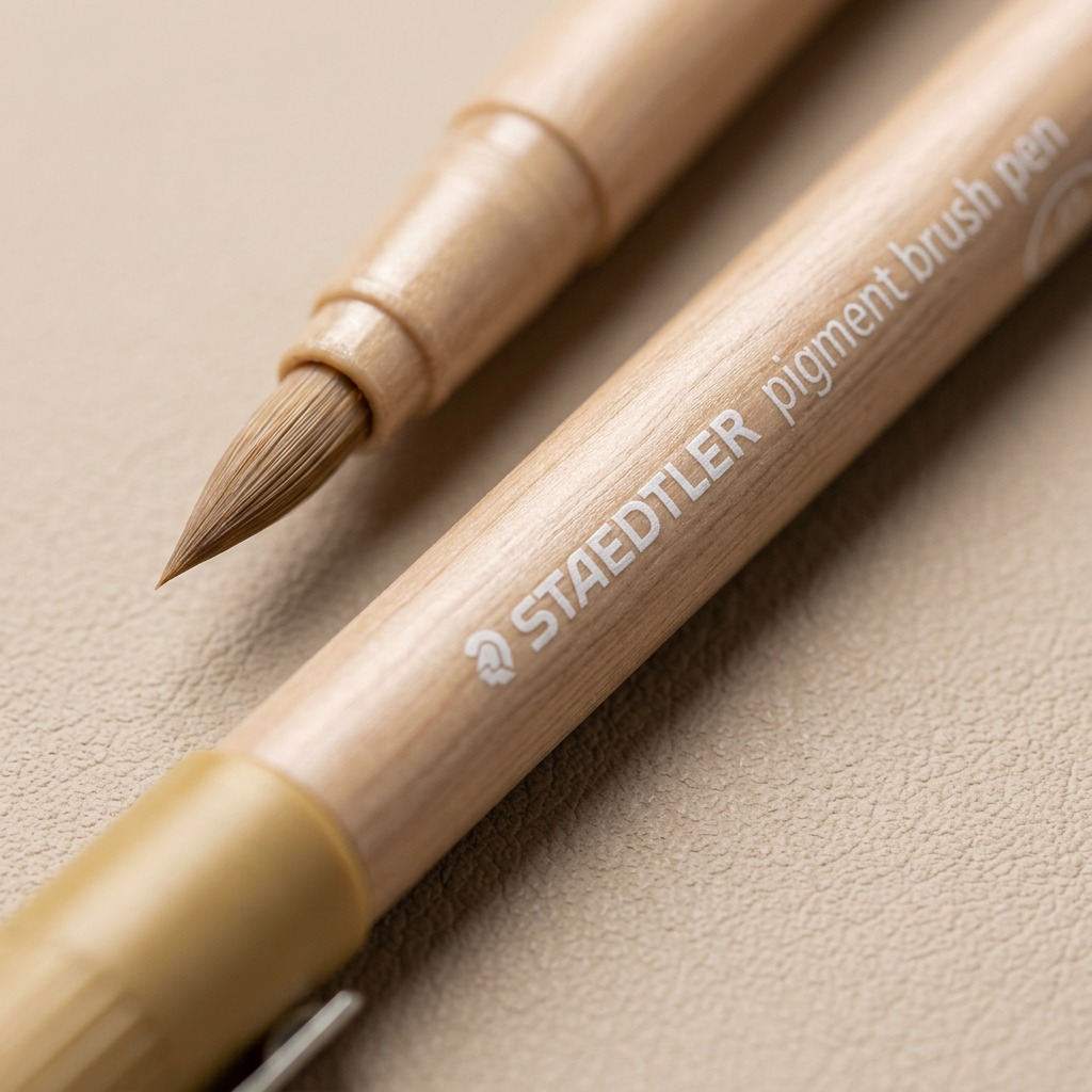 Extreme macro photo showing the detailed brush tip, wood grain effect barrel texture, and "STAEDTLER" print of a STAEDTLER Pigment Brush Pen.