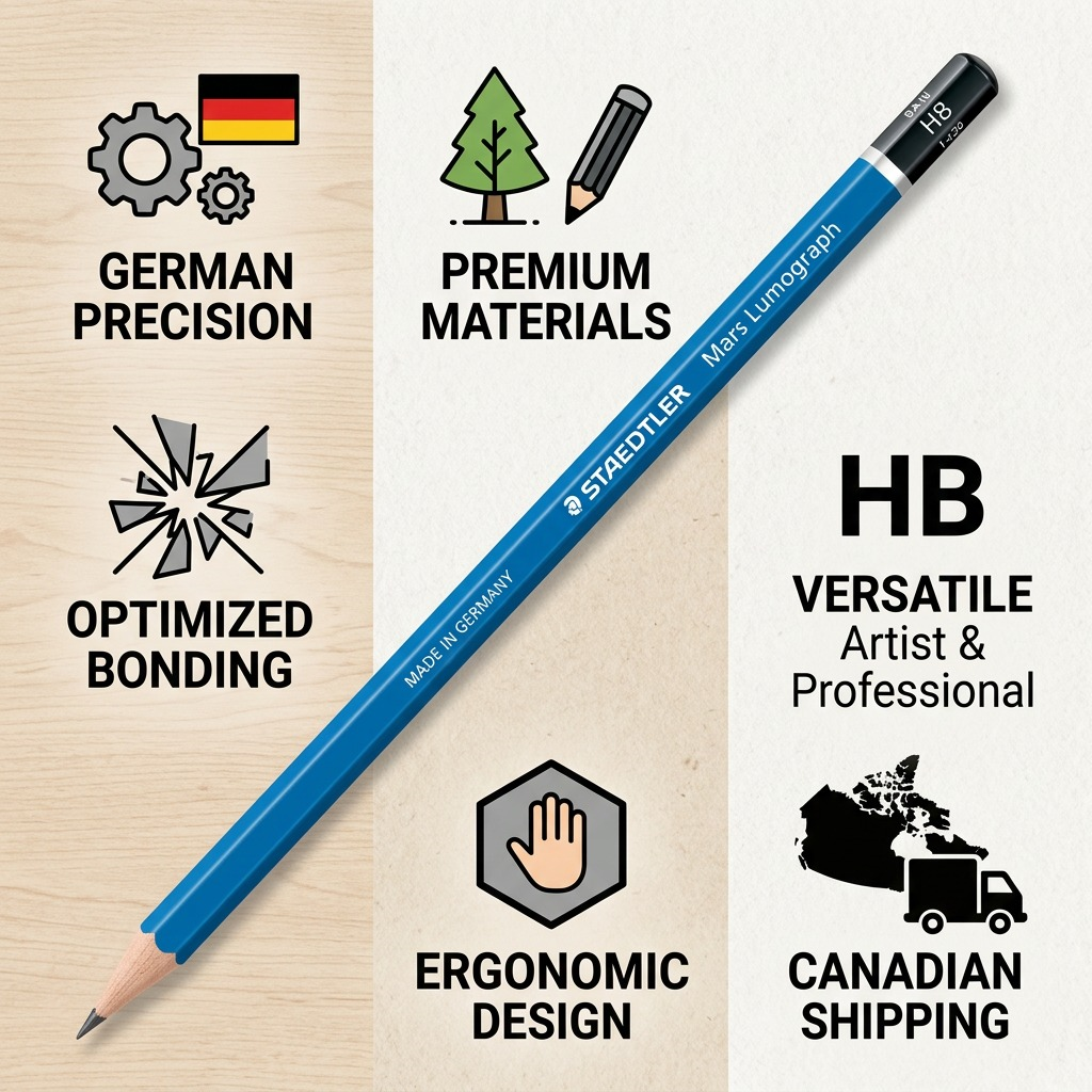 Infographic matrix for STAEDTLER Mars Lumograph HB pencil with value icons and quick shipping.