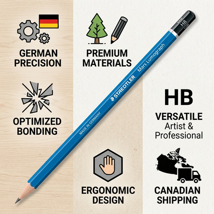 Infographic matrix for STAEDTLER Mars Lumograph HB pencil with value icons and quick shipping.