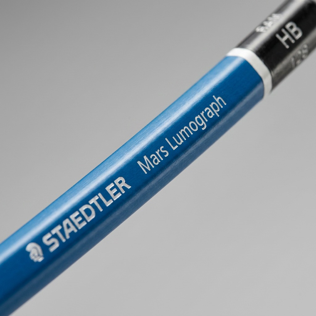 A macro photo shows white "STAEDTLER" and "Mars Lumograph" print on the blue barrel of the HB pencil.