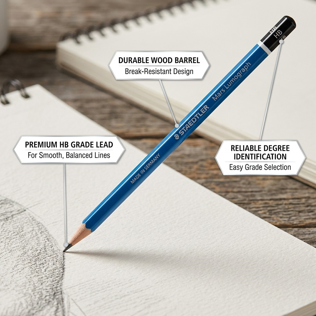 Product graphic of STAEDTLER Mars Lumograph HB pencil on paper with feature callouts.