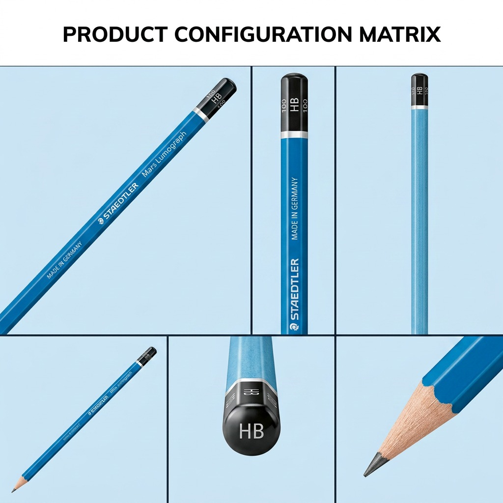 A 3x2 matrix showcasing six identical blue Staedtler Mars Lumograph HB pencils (MPN: 100-HB-M), each presented at a different angle to display all sides, the sharpened tip, the silver and black end cap, and the product logos, arranged in a clean grid formation with a premium, brand-aligned light grey background and realistic studio lighting. There is no on-image text or decorative graphics.