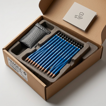 A premium unboxing display: open protective box with Staedtler Lumograph pencils resting securely inside, ensuring delivery confidence.
