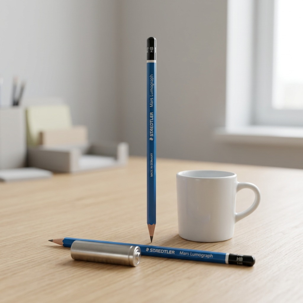 A visualization comparing the STAEDTLER Mars Lumograph pencil, standing vertically on a wooden desk, to a standard metallic AA battery and a small ceramic coffee mug, clearly demonstrating its size and thickness.