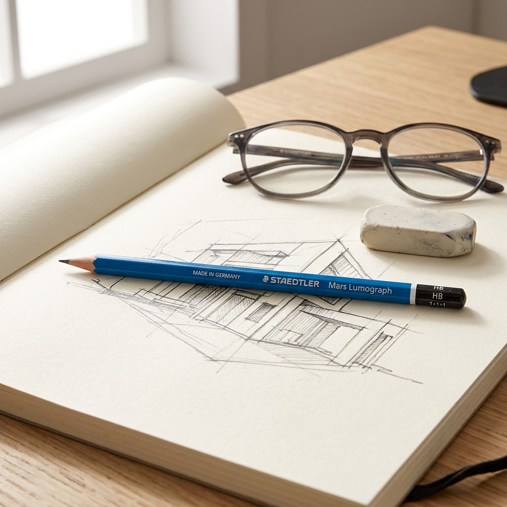 A close-up shot of the blue STAEDTLER Mars Lumograph HB pencil resting on an open sketchbook on a wooden desk.