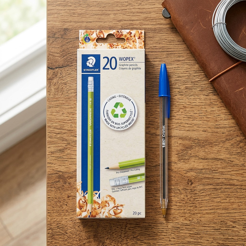 A single box of 20 STAEDTLER Wopex pencils shown beside a Bic pen for size reference on a wood desk.