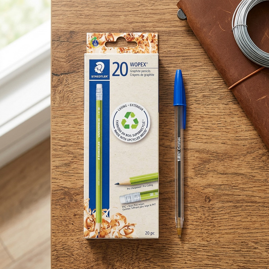 A single box of 20 STAEDTLER Wopex pencils shown beside a Bic pen for size reference on a wood desk.