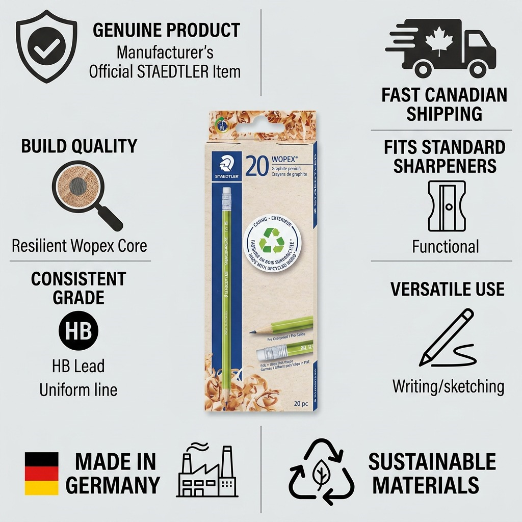 An infographic matrix showing a box of STAEDTLER Wopex pencils surrounded by icons and text highlighting product features.