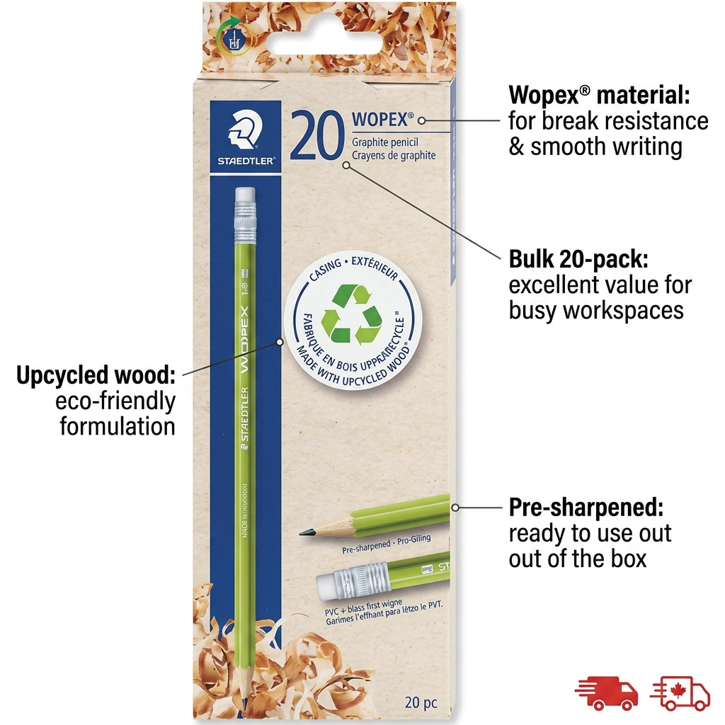 Product packaging for STAEDTLER Wopex pencils with callouts for key features and benefits.