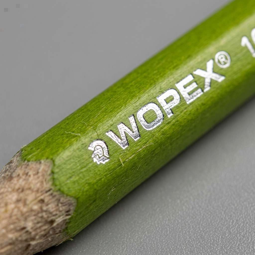 Macro close-up of STAEDTLER Wopex pencil, showing green barrel texture and silver foil-stamped branding.