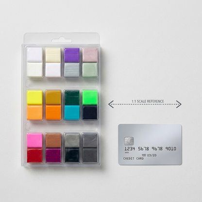 A close-up photograph comparing the FIMO modelling clay pack and a standard credit card.