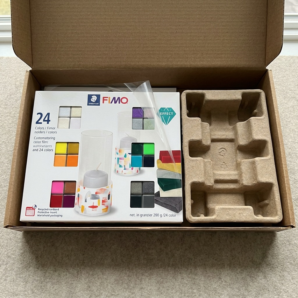 A premium close-up photo shows the Fimo Effect set packaging, safely nestled within specialized protective padding in an open delivery box.