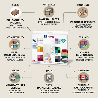 Infographic matrix for STAEDTLER Fimo Effect 24-Color Set with trust cues and Canadian shipping.