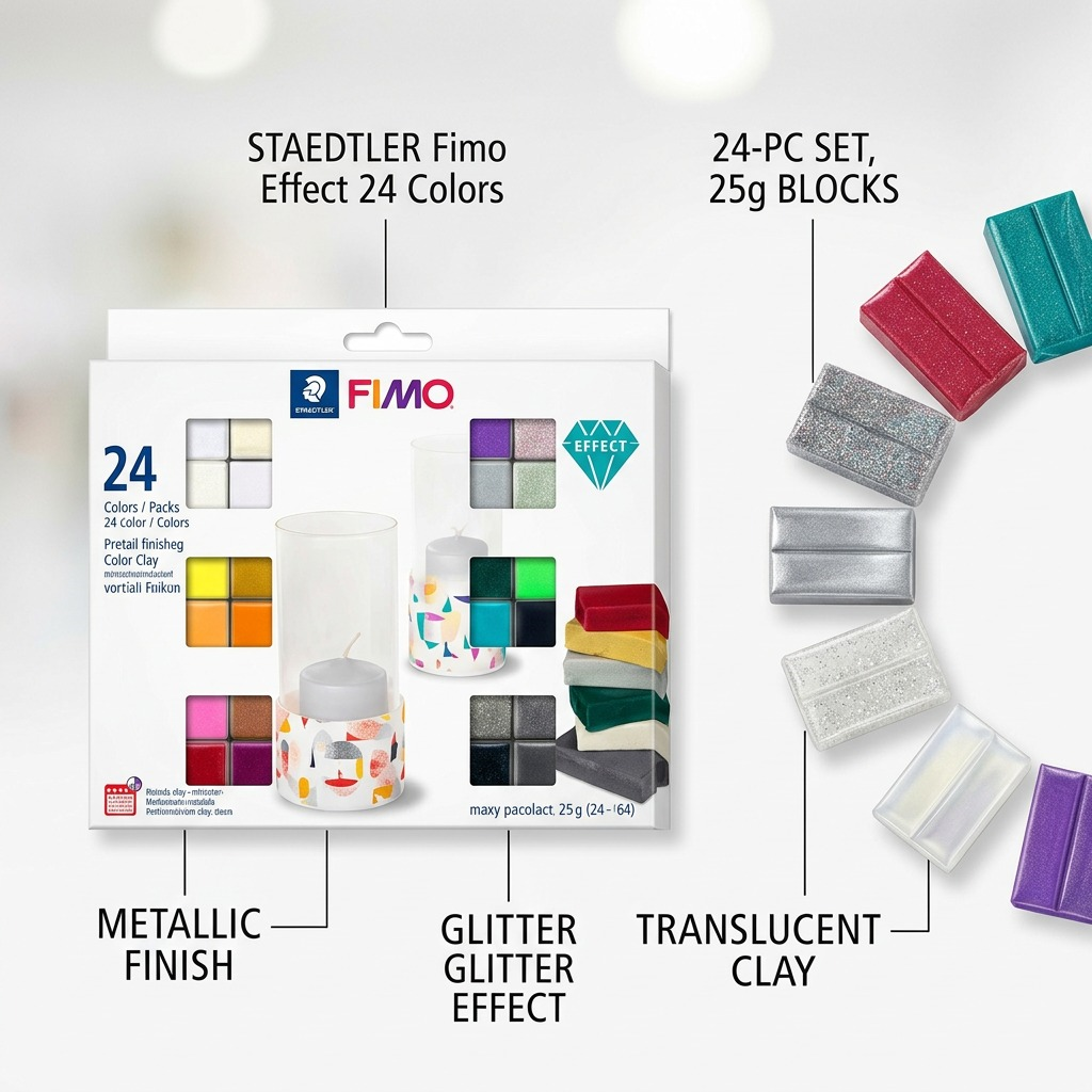 Feature callout for STAEDTLER Fimo Effect 24 color pack, detailing 25g blocks, metallic, glitter, and translucent clay.