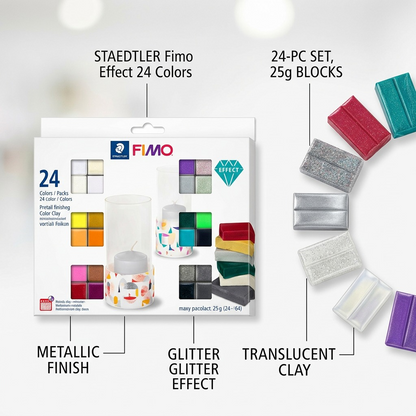 Feature callout for STAEDTLER Fimo Effect 24 color pack, detailing 25g blocks, metallic, glitter, and translucent clay.