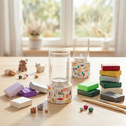 A clean lifestyle image shows several Fimo Effect clay models and loose bricks (white, purple, green, silver, red) on a light wooden table, with natural side lighting and an out-of-focus window in the background.