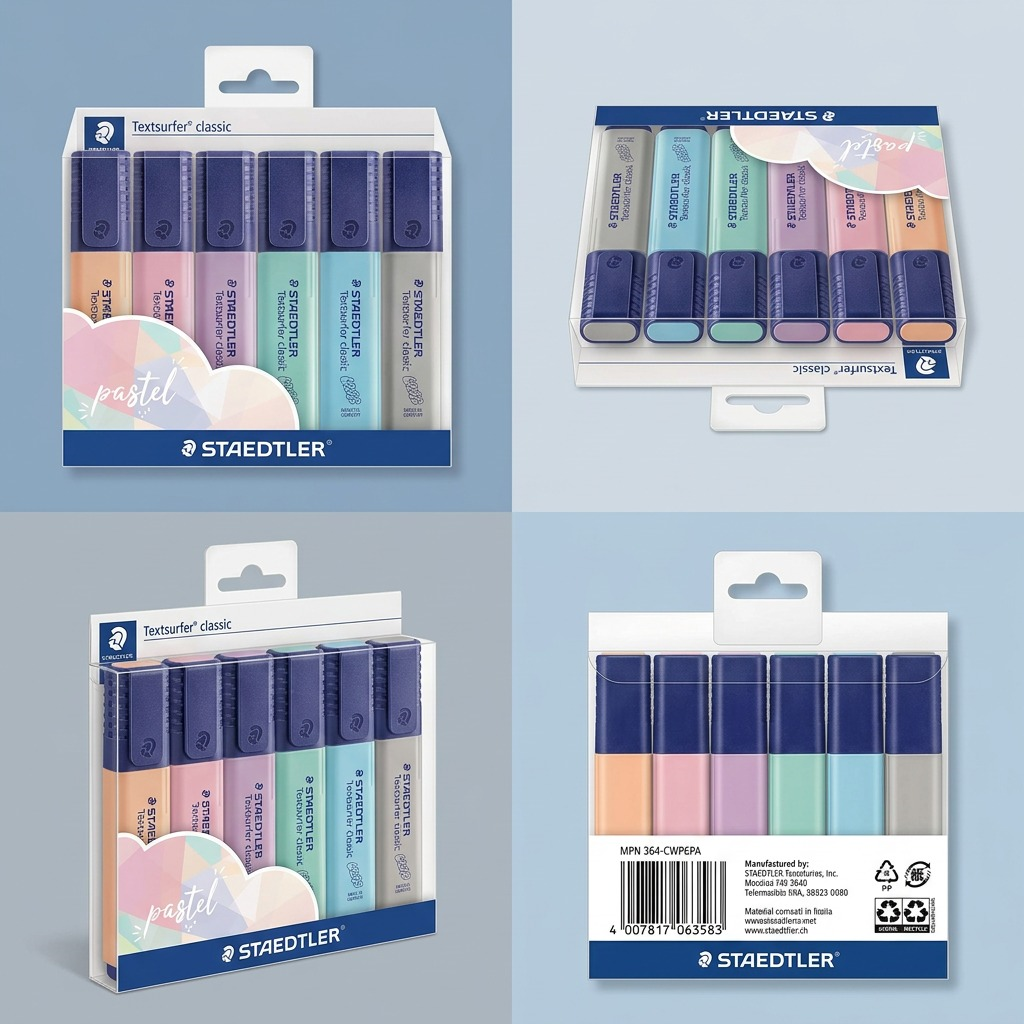 PDP matrix showing the same Staedtler 364-CWP6PA pastel highlighter set from four different angles in a grid.