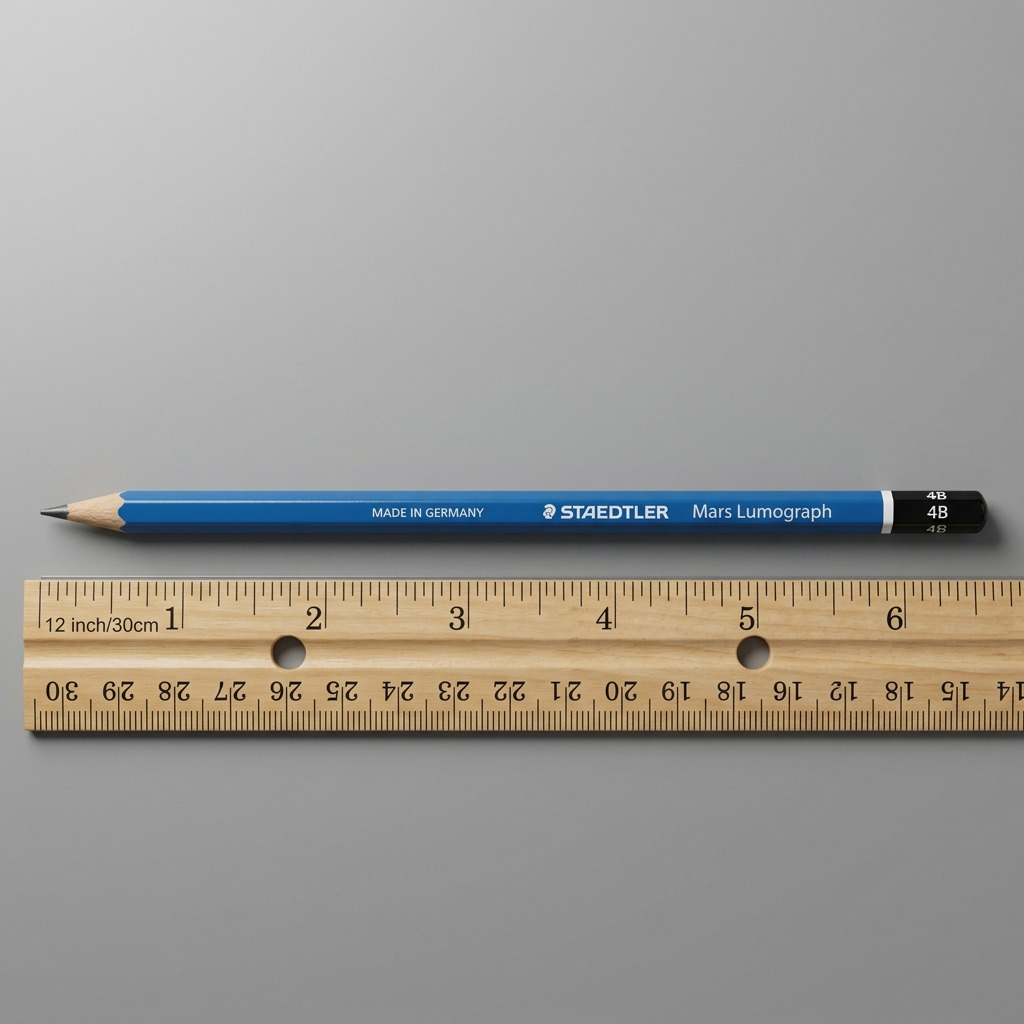 A STAEDTLER Mars Lumograph 4B pencil is shown next to a standard wooden ruler for accurate size reference.