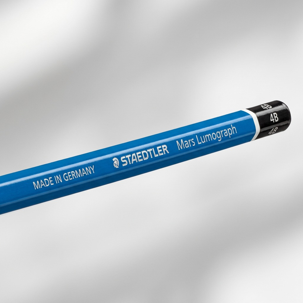 Macro detail shot of the silver-embossed Staedtler logo, product name, and 'Made in Germany' print on the blue barrel of the Mars Lumograph 4B pencil.