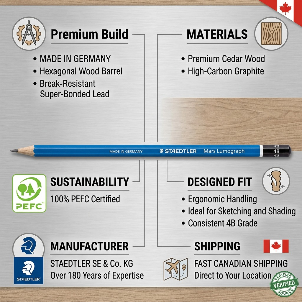 A trust infographic featuring the STAEDTLER Mars Lumograph 4B pencil, emphasizing authenticity and quality.