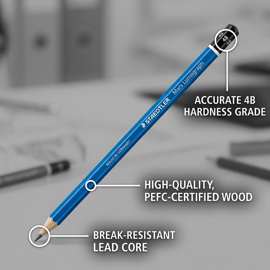 A feature callout graphic for the STAEDTLER Mars Lumograph 4B pencil, showcasing its break-resistant lead and PEFC wood with factual labels.