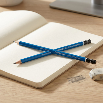 Product shot of a STAEDTLER Mars Lumograph 4B pencil 100-4B-M on a desk with a sketchbook.