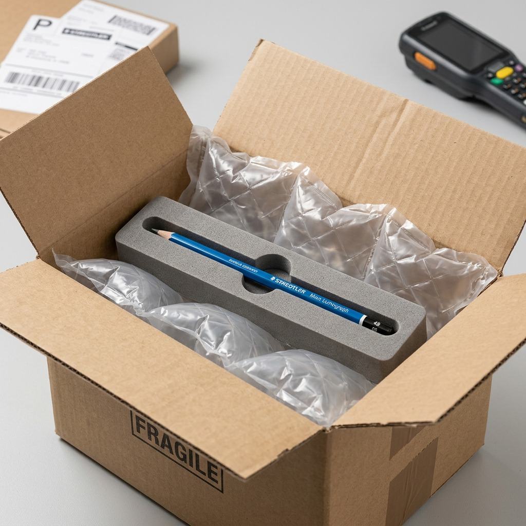 A close-up photograph of a STAEDTLER Mars Lumograph 4B pencil nested in a custom-cut foam insert inside a robust cardboard shipping box, surrounded by biodegradable air cushions.