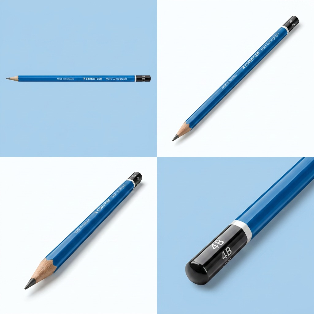 A grid showing the STAEDTLER Mars Lumograph 4B pencil in horizontal, diagonal, vertical, and angled views against a blue background.