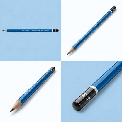 A grid showing the STAEDTLER Mars Lumograph 4B pencil in horizontal, diagonal, vertical, and angled views against a blue background.