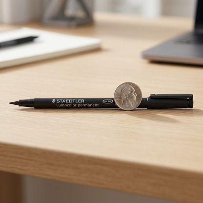 Scale reference photo of the STAEDTLER Lumocolor permanent pen next to a common U.S. quarter on a light grey desk.