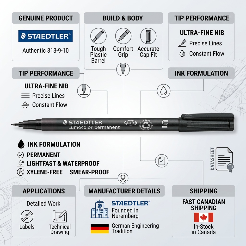 Trust infographic displaying STAEDTLER permanent marker features and Canadian fulfillment.