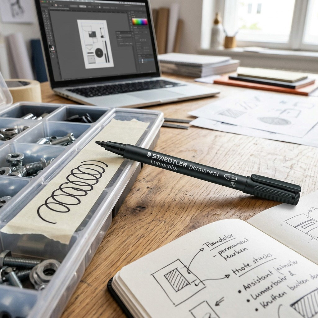 A lifestyle image featuring the black Staedtler permanent marker being used to label a clear storage bin.