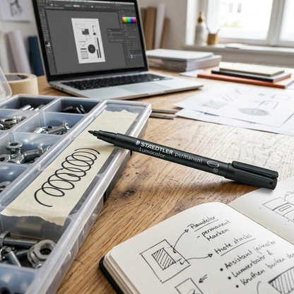 A lifestyle image featuring the black Staedtler permanent marker being used to label a clear storage bin.
