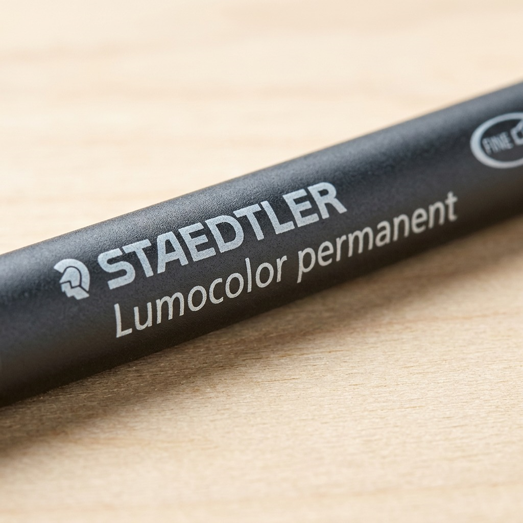 Macro inspection showing fine print "STAEDTLER Lumocolor permanent" on the black marker barrel.