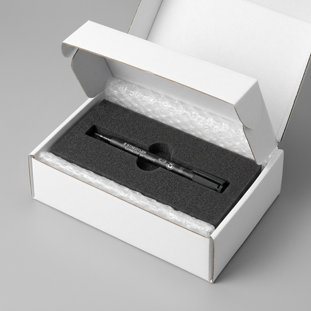 A Staedtler 313 permanent marker arriving in a clean cardboard shipping box filled with protective foam padding.