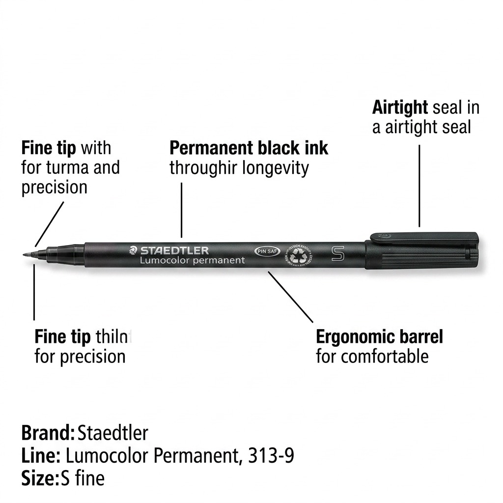 Staedtler Lumocolor Permanent S Fine marker, black, with operational feature callouts.